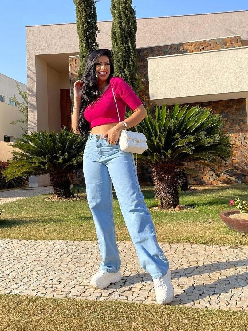 Calça Wide Leg CARGO Jeans Cintura Alta