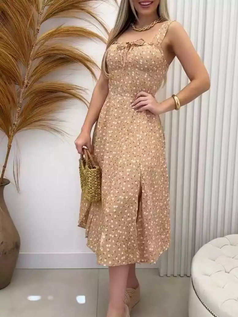 Vestido Feminino Midi Romântico Estampa Floral