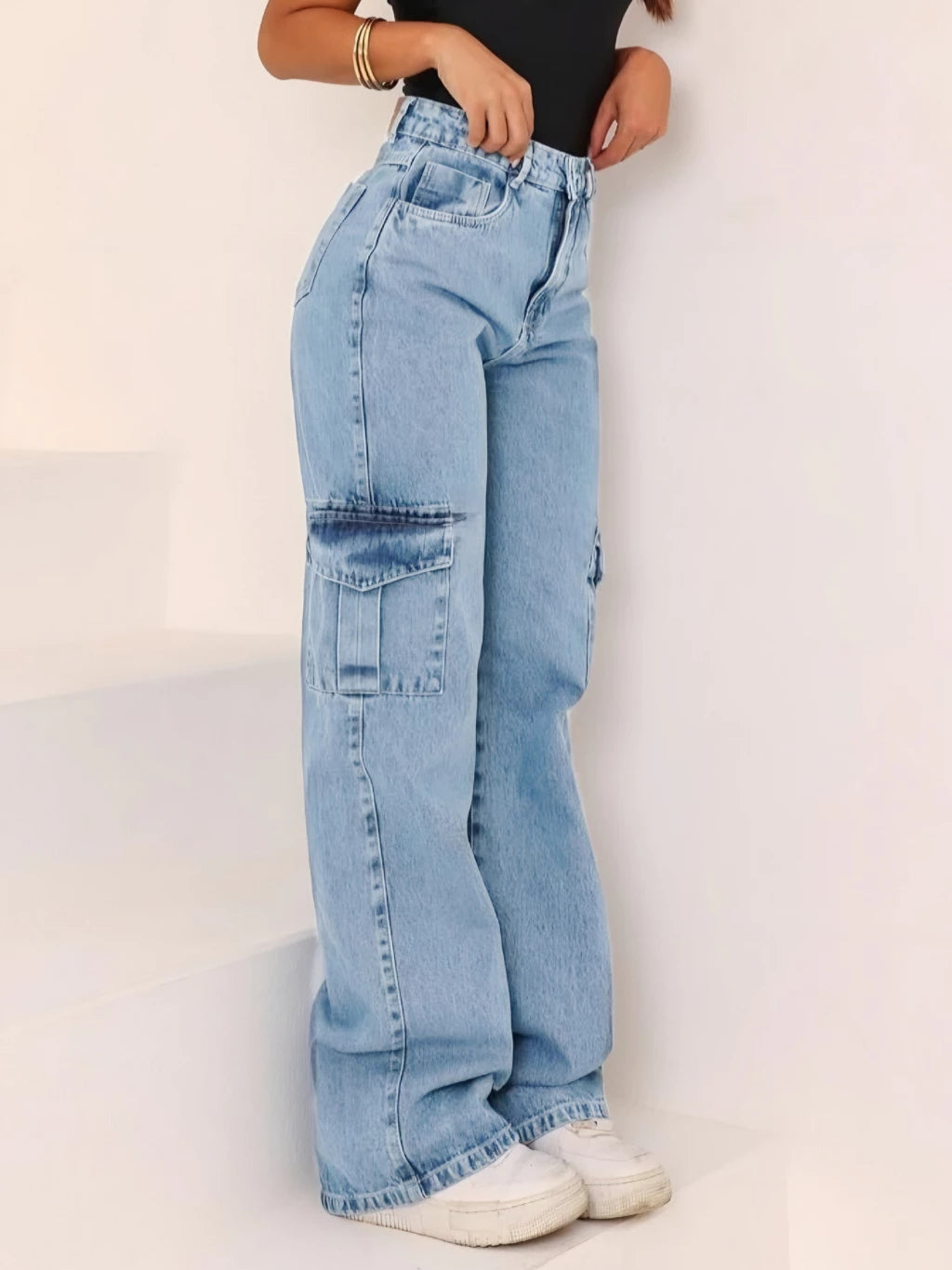 Calça Wide Leg CARGO Jeans Cintura Alta