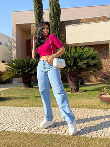 Calça Wide Leg CARGO Jeans Cintura Alta