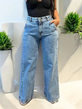 Calça Wide Leg Jeans Marmorizada Cintura Alta 100% Algodão Premium