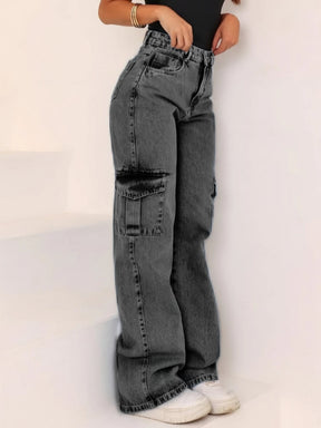 Calça Jeans Wide Leg Marmorizada Pantalona Boca Larga Cintura Alta