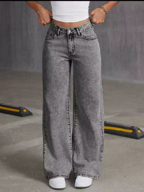 Calça Jeans Wide Leg Marmorizada Pantalona Boca Larga Cintura Alta