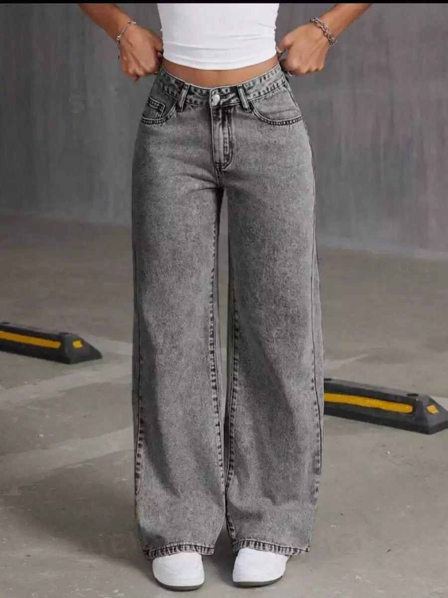 Calça Jeans Wide Leg Marmorizada Pantalona Boca Larga Cintura Alta