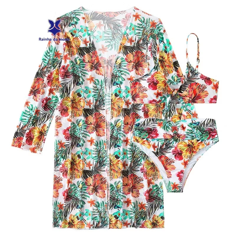 Conjunto Praia Tropical 3 Peças – Biquíni + Hot Pant + Saída de Praia