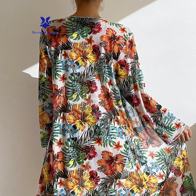 Conjunto Praia Tropical 3 Peças – Biquíni + Hot Pant + Saída de Praia