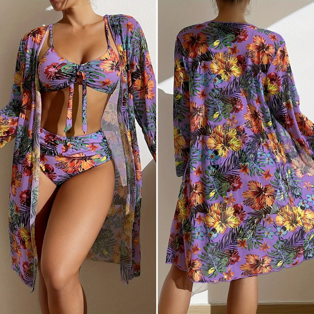 Conjunto Praia Tropical 3 Peças – Biquíni + Hot Pant + Saída de Praia