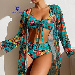 Conjunto Praia Tropical 3 Peças – Biquíni + Hot Pant + Saída de Praia
