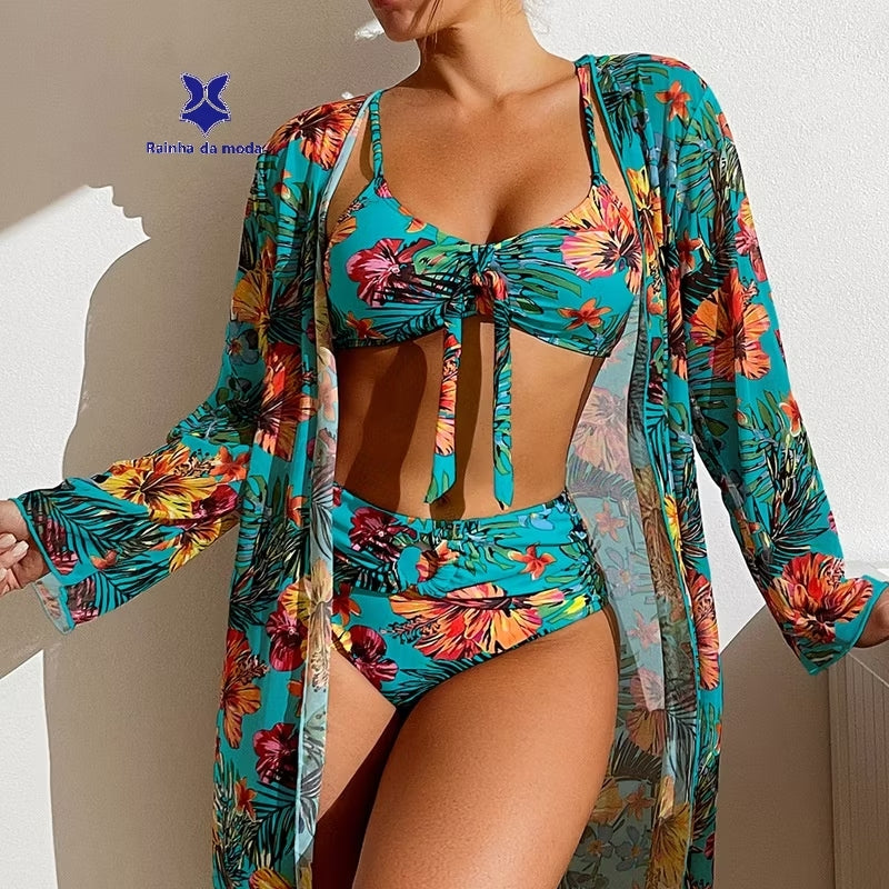 Conjunto Praia Tropical 3 Peças – Biquíni + Hot Pant + Saída de Praia