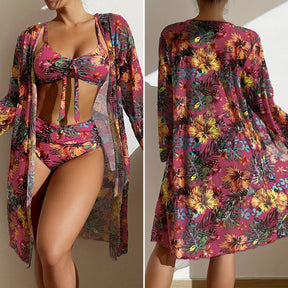 Conjunto Praia Tropical 3 Peças – Biquíni + Hot Pant + Saída de Praia